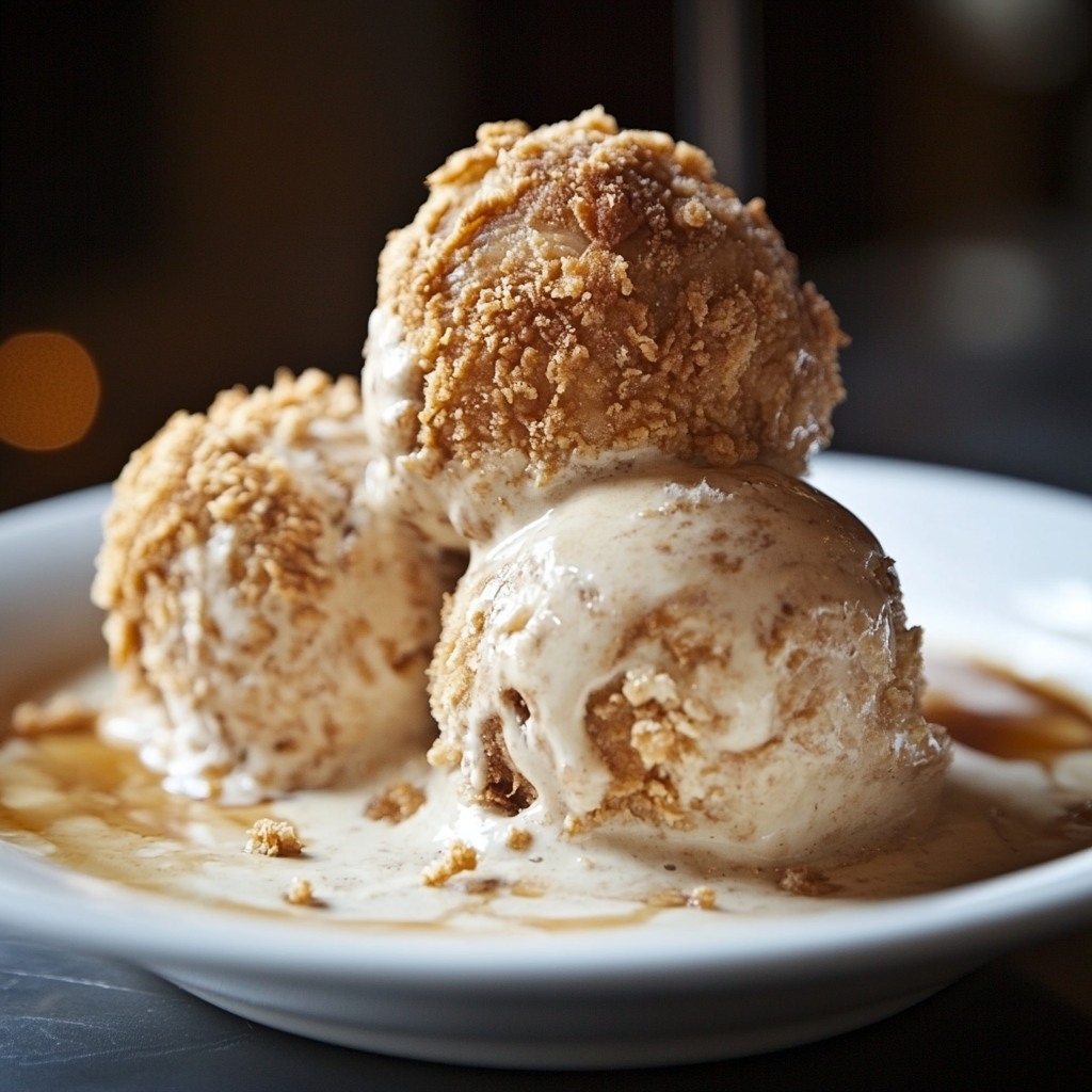 Fried chicken ice cream pieces with golden crispy coating on a serving platter.