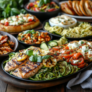 Assorted gluten-free dinner dishes including grilled chicken, quinoa salad, and cauliflower pizza.