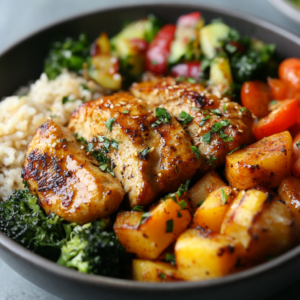 Assorted gluten-free dinner dishes including grilled chicken, quinoa salad, and cauliflower pizza.