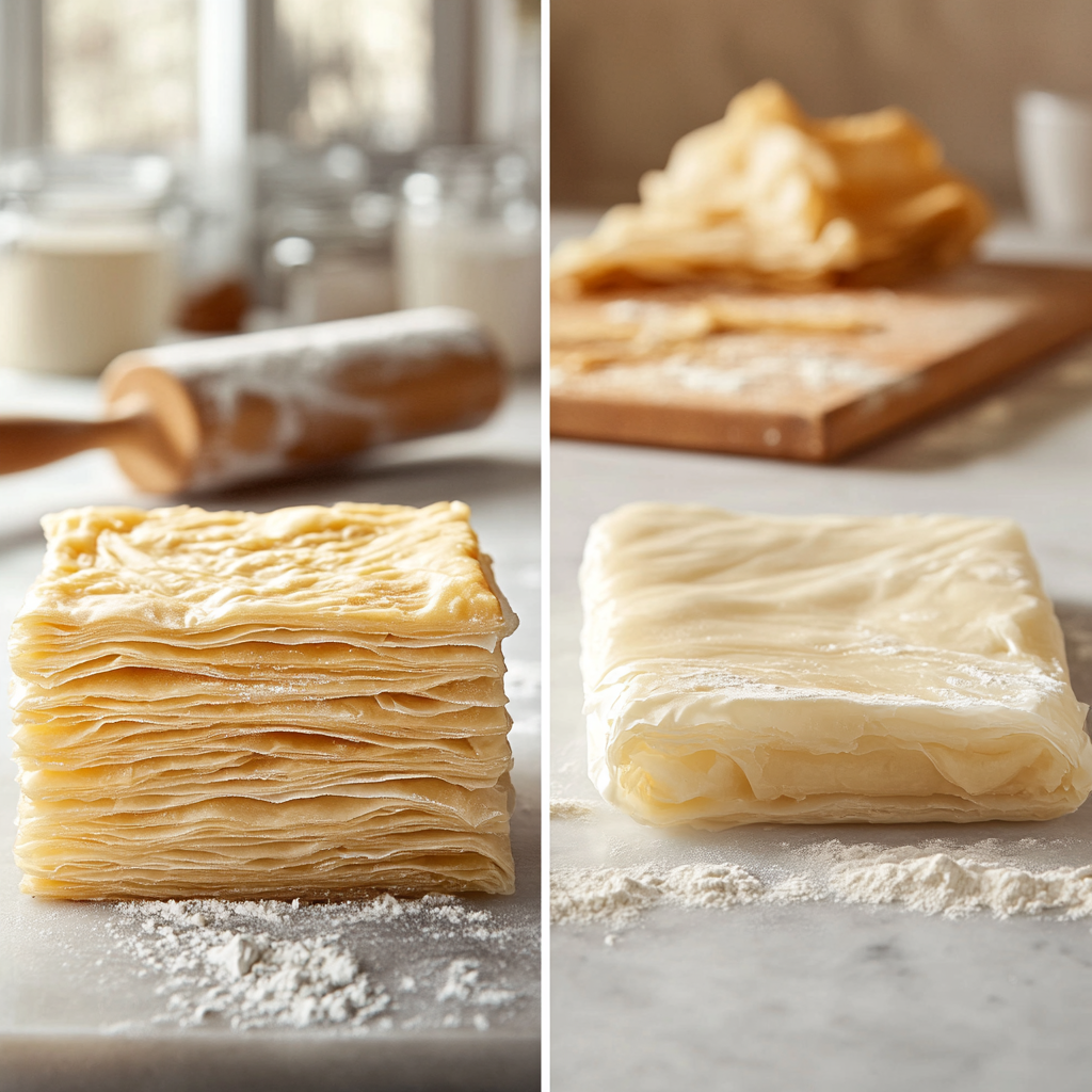 Side-by-side comparison of puff pastry and phyllo dough on a wooden cutting board.